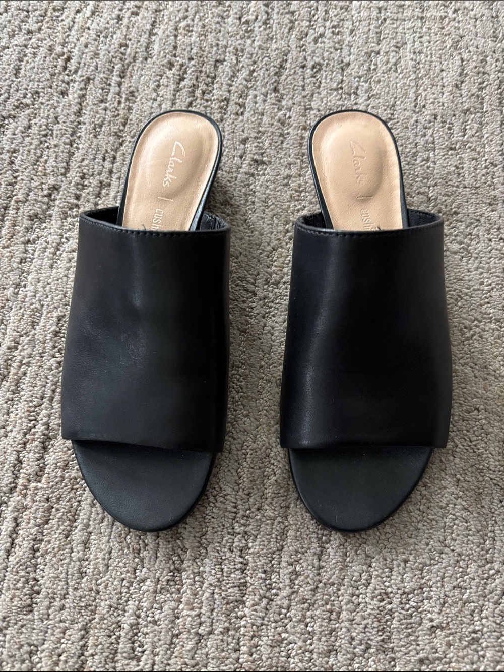 Clarks Black Leather Open-Toe Slide Mules